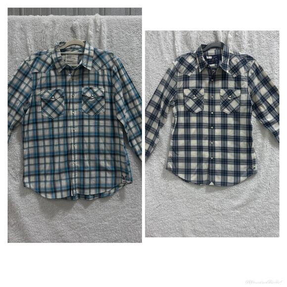 American Eagle Men’s 2 Plaid Western pearl Snap Shirts L Vintage Fit Blue - Picture 1 of 9